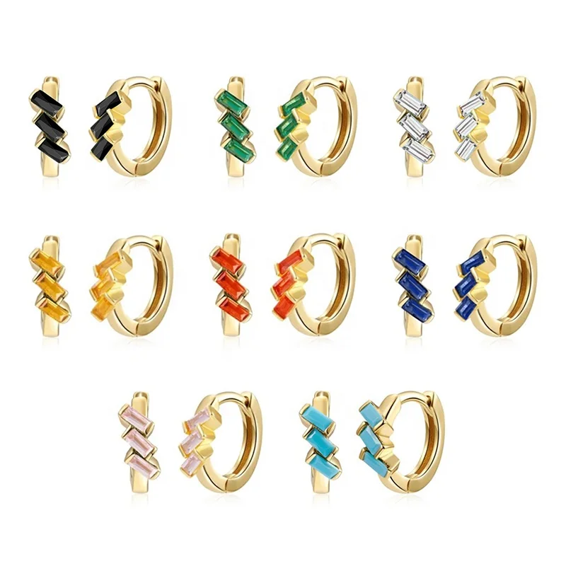 

2021 New 925 Sterling Silver Cartilage Earrings Glossy Colorful Irregular Square Stone Hoop Huggie Earrings for Women, Gold and silver