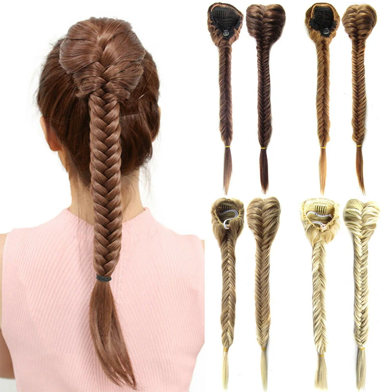 

Synthetic Hair Braided Plaited Fishtail Fishbone Drawstring Ponytail Extension Chignon Hairpiece Fishtail Ponytail, Colorful