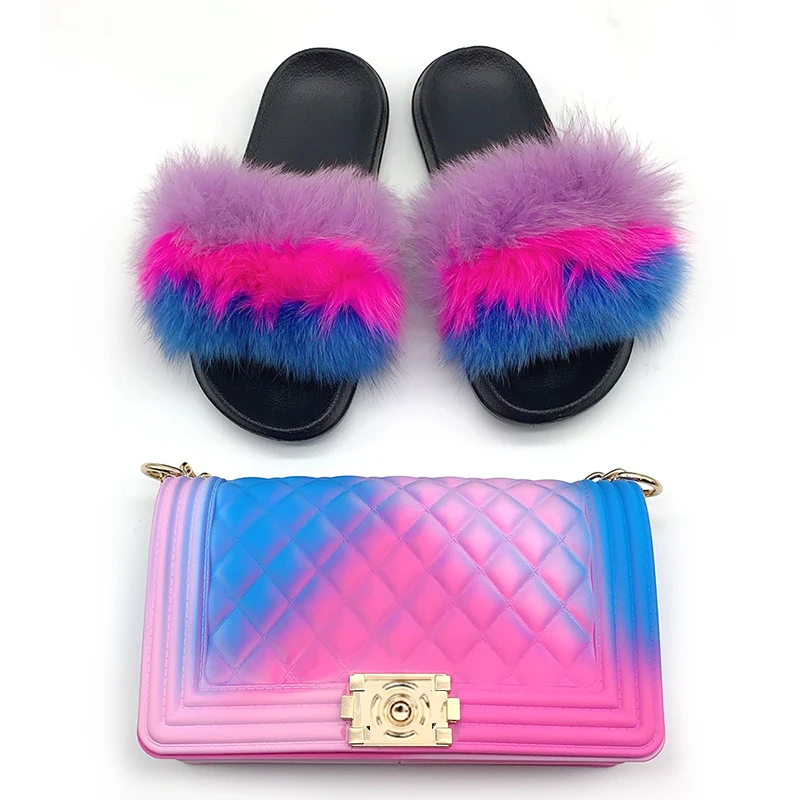 

Fashion Hot Selling rainbow silicone pvc candy hand bags women bag purse sets purses and handbags jelly with matching fur slides, Candy or custom