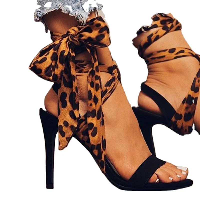 

GIRL AL8088 Chaussures femme women's leopard lace up thin heel high heels stiletto sandals shoes summer heels for ladies, Black