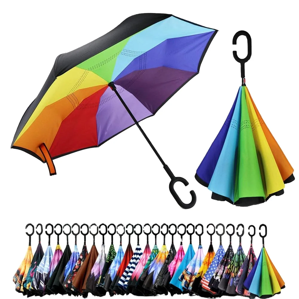 

High Quality Handsfree Double Layer Digital Printing Backwards C Handle Reverse Umbrella Straight Umbrella, Customized color