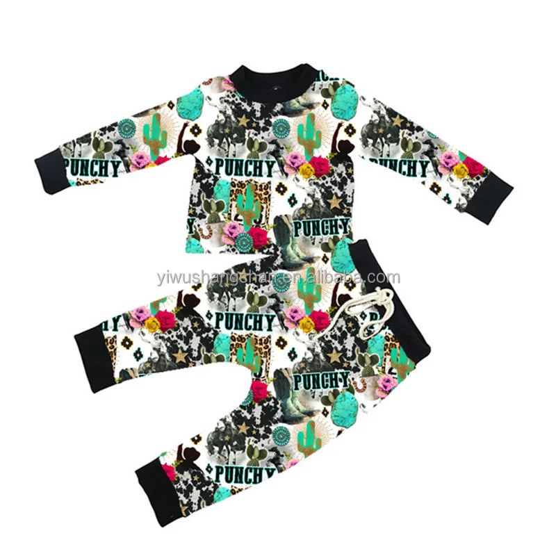 

0-16 Year Old Kids Baby Casual Clothing Sets Cactus PUNCHY Printed Outfits Boys Long Sleeve Tops And Pants 2 Piece Sets, As picture