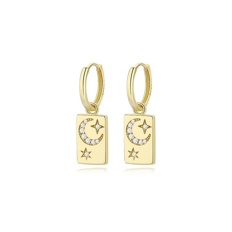 

MOYU cz earrings 925 Silver Jewelry 18K Gold Square Dangle Zircon Pave Moon Star Hoop Earrings