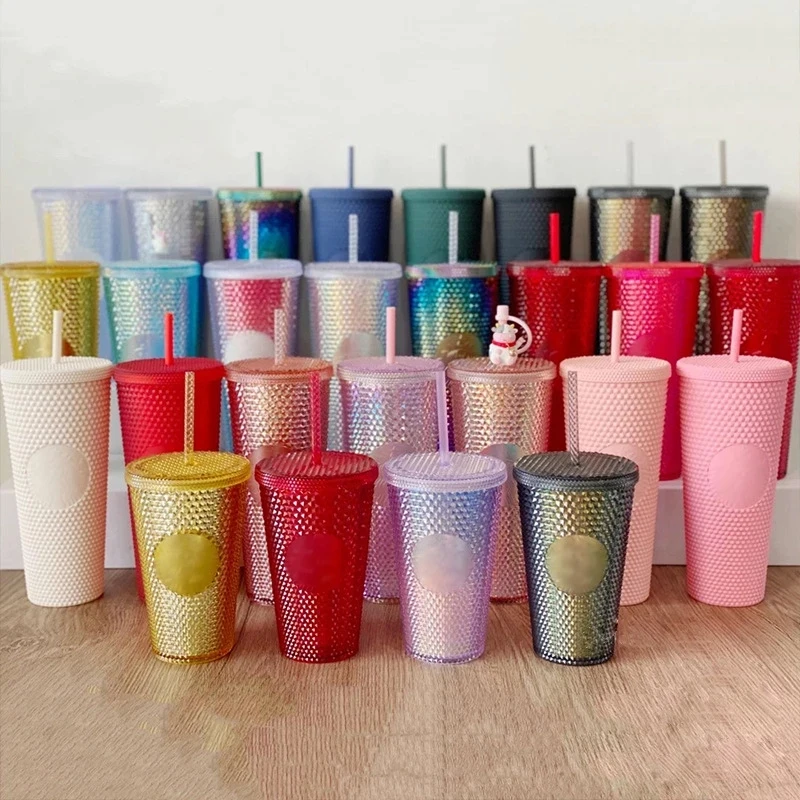 

Summer 710ml Cold Coffee Cup Studded Tumbler Cups With Straw Double Layer Plastic Durian Diamond Radiant Goddess Water Cup Mugs