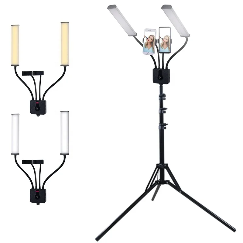 

Double Arms LED Photography Fill Light Dimmable 3200k-5600K Makeup Beauty Studio Video Light With Phone holder And Tripod, Black/custom