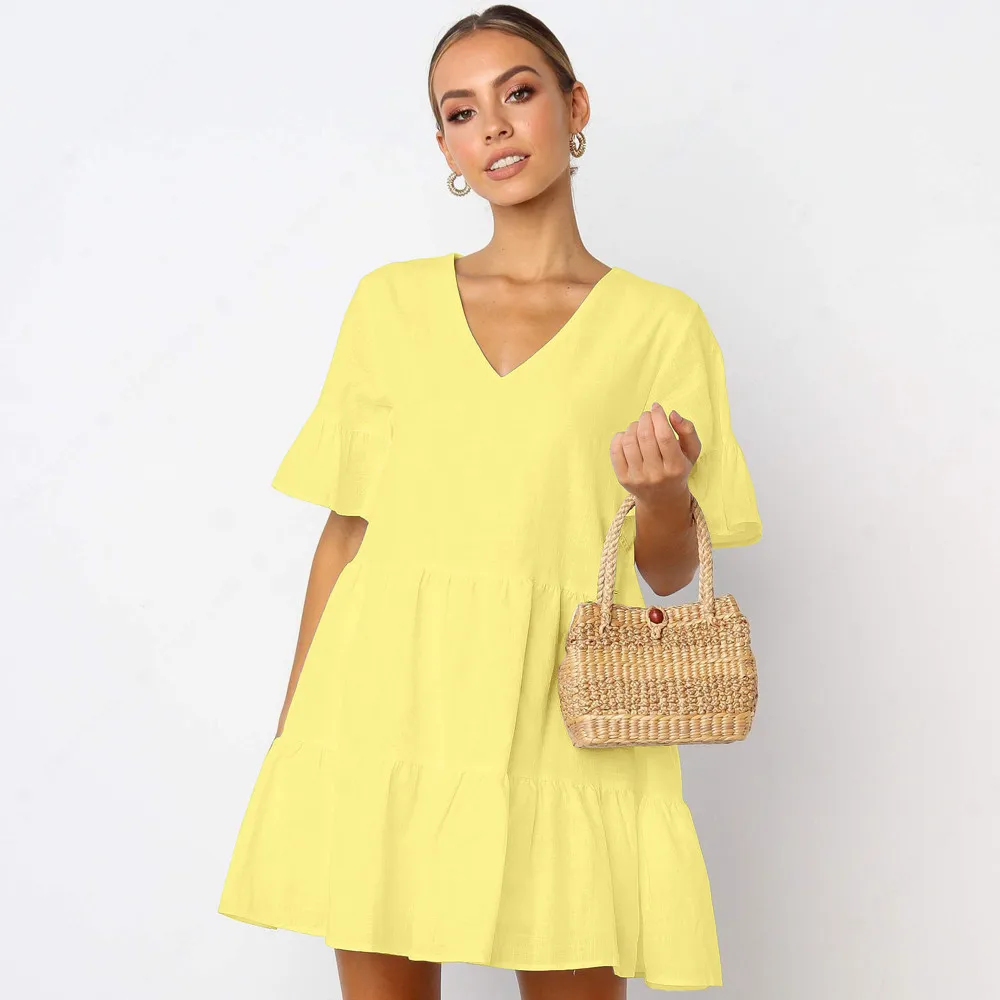 

2021 summer solid new short sleeve dress Europe and America cotton pure color cute mini dress