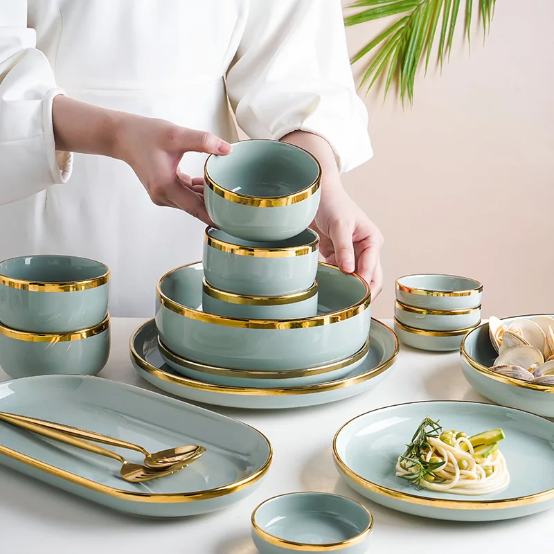

Ceramic Tableware Set Dishes Dinner Plates Steak Food Dessert Plate Green Salad Soup Bowl Plates and Bowls Set for Family Hotel, Green with golden rim
