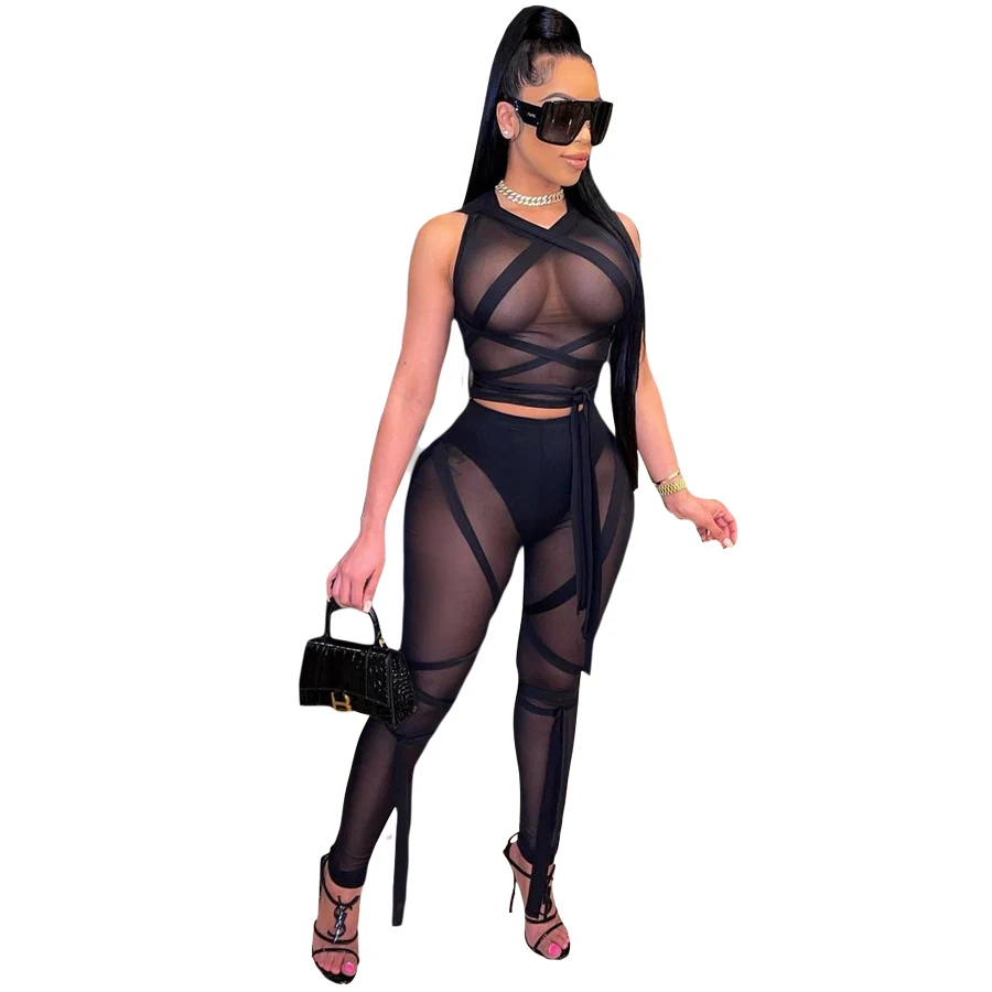 

2021 Mesh Ribbons Crop Top Pant Sets Clubwear Active See Through Summer Women Two Piece Set