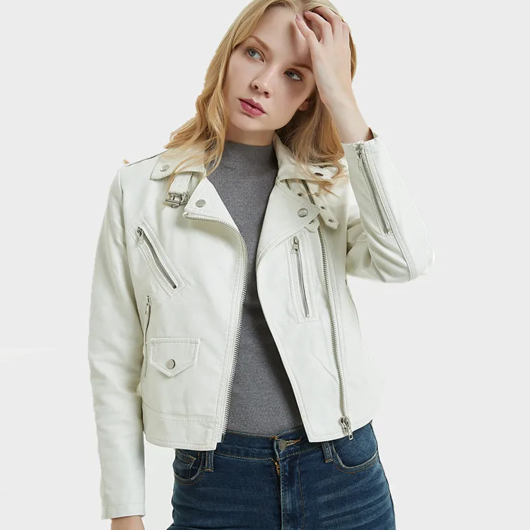 

Fashion style short faux leather women jacket with collar button zippers