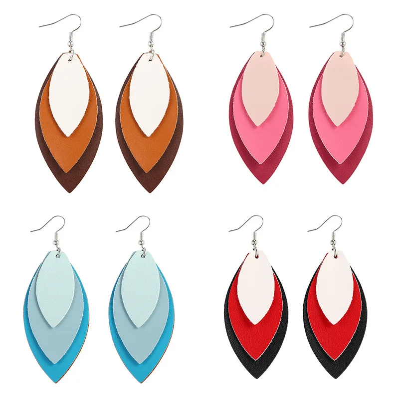 

Wholesale 2020 Trendy Boho Geometric Big Layer Leaf Hook Dangle Leather Earrings for Women Girl Jewelry Party Gifts, As picture