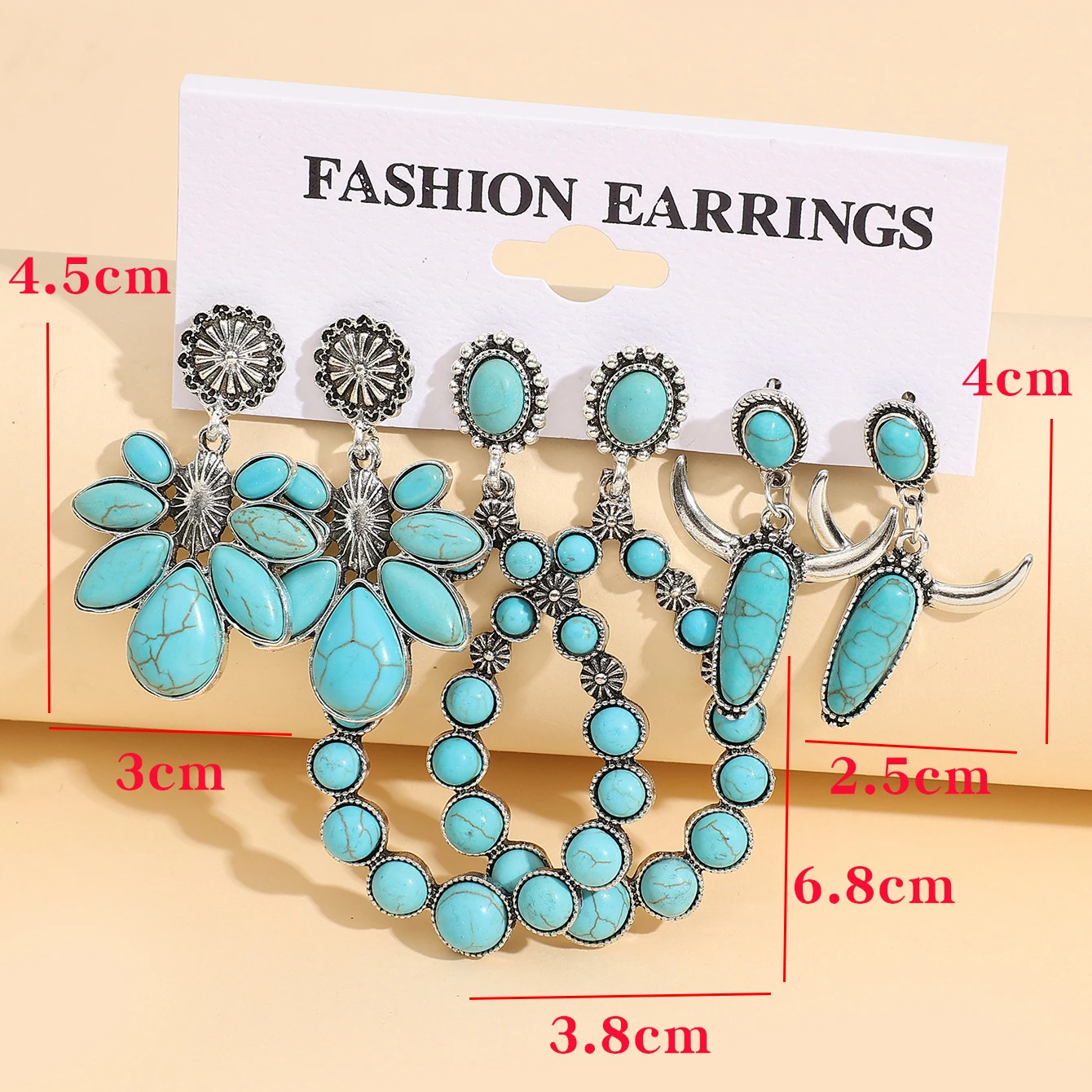 

Vintage Western Turquoise Cluster 3 Pairs Set Bohemia Hoop Earrings Set For Woman