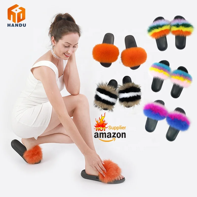 

Custom 2021 High quality latest Flat Heel fashionable Sandals fluffy fashion outdoor eva winter faux fur women's slides slippers, 10colors acceptable