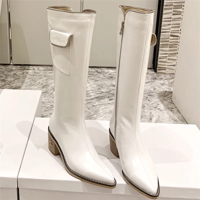 

2021 Hot Winter Genuine Leather Knee High Boots Woman Chelsea Boots Pointed Toes High Heels Boots Woman Zapatos De Mujer High