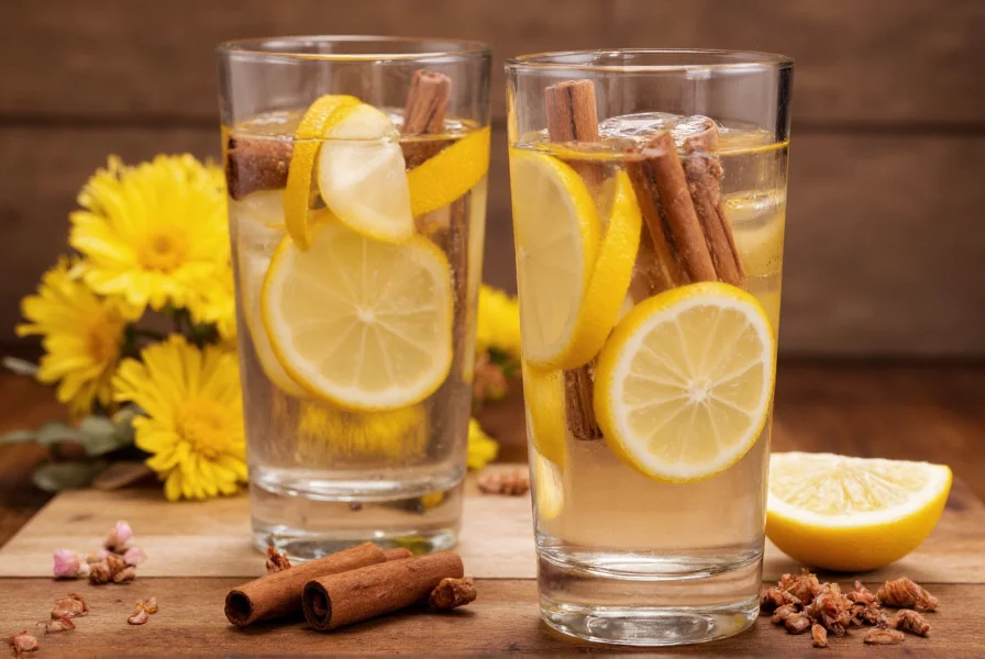 Two glasses of cinnamon water with cinnamon sticks and lemon slices on wooden table