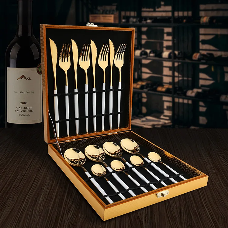 

Luxury Custom logo Colorful Fork Spoon Knife Gold Flatware Set Silverware Dinnerware Stainless Steel Cutlery Set With Wooden Box, Sliver,gold,black,white,pink,green,red