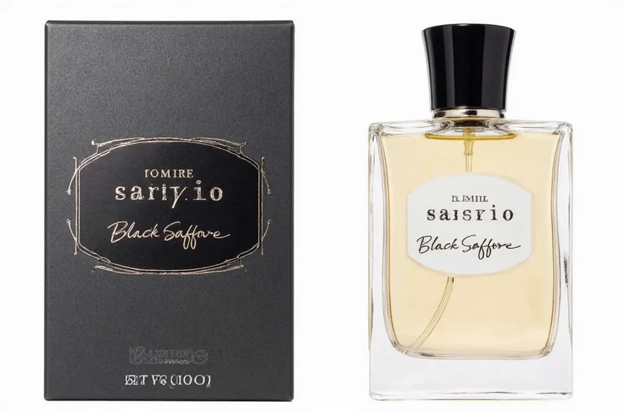 Byredo Black Saffron perfume bottle next to saffron threads and leather accessories