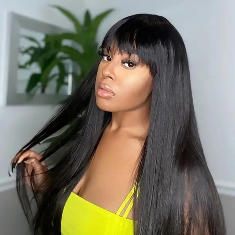 

Customized Machine Made Wigs Frontal Closure Natural Human Hair With Bangs