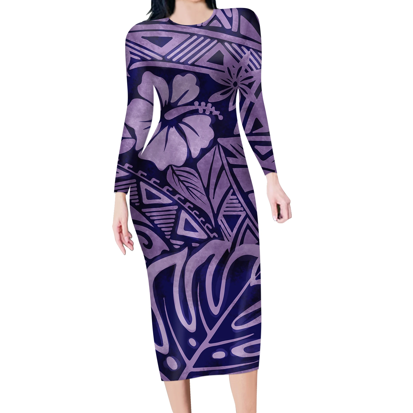 

Latest Dress Designs Dress Long Polynesian Hawaii Custom Personalised Kanaka Maoli Purple Sexy Long Sleeve Bodycon Mini Dress, Customized color