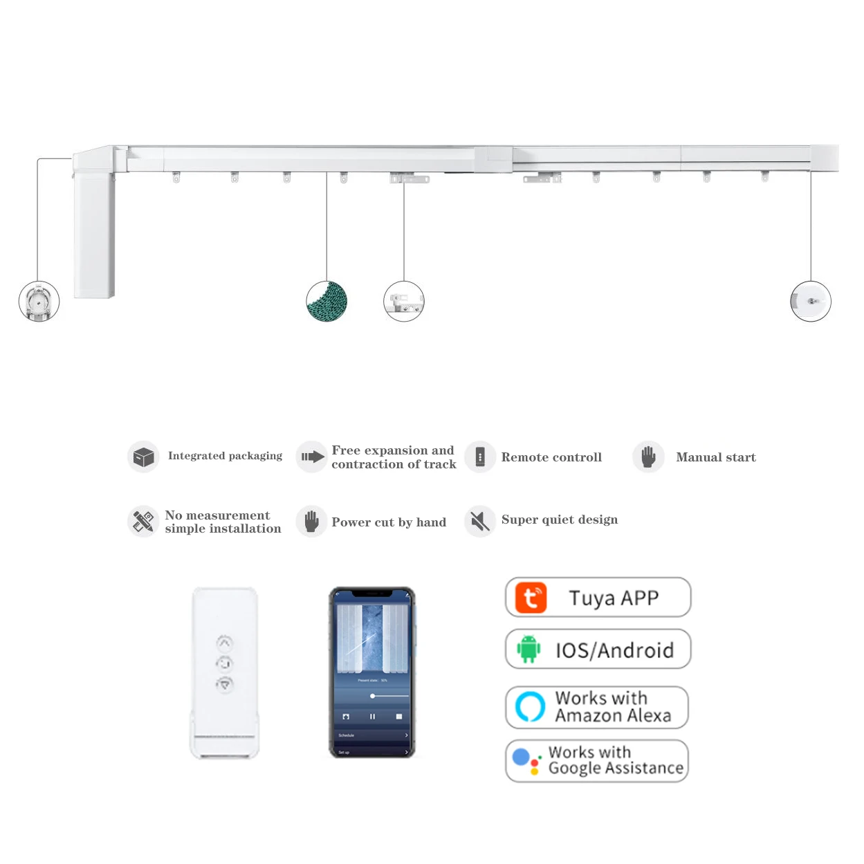 

Aqara MI supplier simple installation 1.8-3.3m/2.4-4.5m google home alexa wifi tuya motorised motorized smart curtain track, White