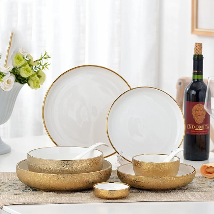 

New hot sale KIM KYLIN series creative matt relief gold bowl plate porcelain dinnerware sets