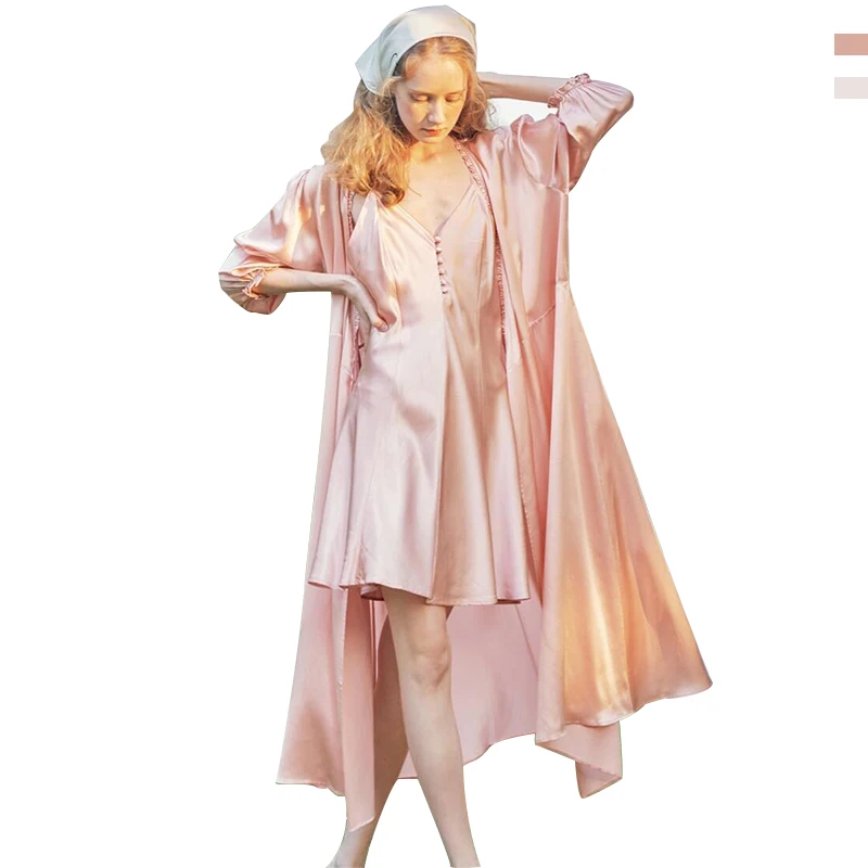 

2021 new arrivals fall sling mid-length night dress two piece silk nightgown for ladies