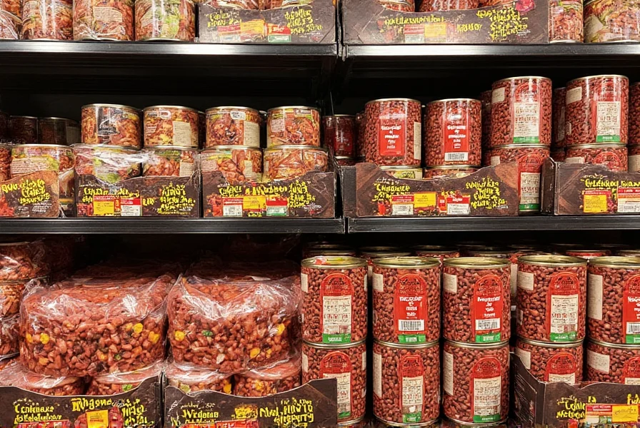 Wegmans chili varieties displayed in grocery store with labels visible showing ingredients