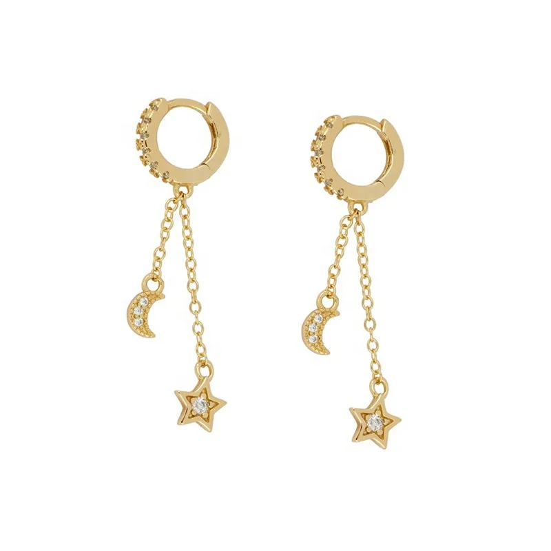 

925 Sterling Silver Jewelry Link Chian Moon & Star Charm Hoop Huggie Chain Tassel Earrings For Women, Gold and silver