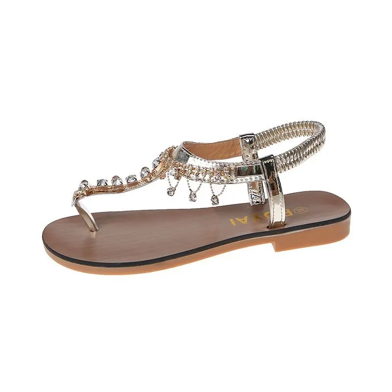 

Customized Factory Designs Women Shoes Big Size Flatted Sole Bead-like Hand-made Women's Sandals, Gold , black