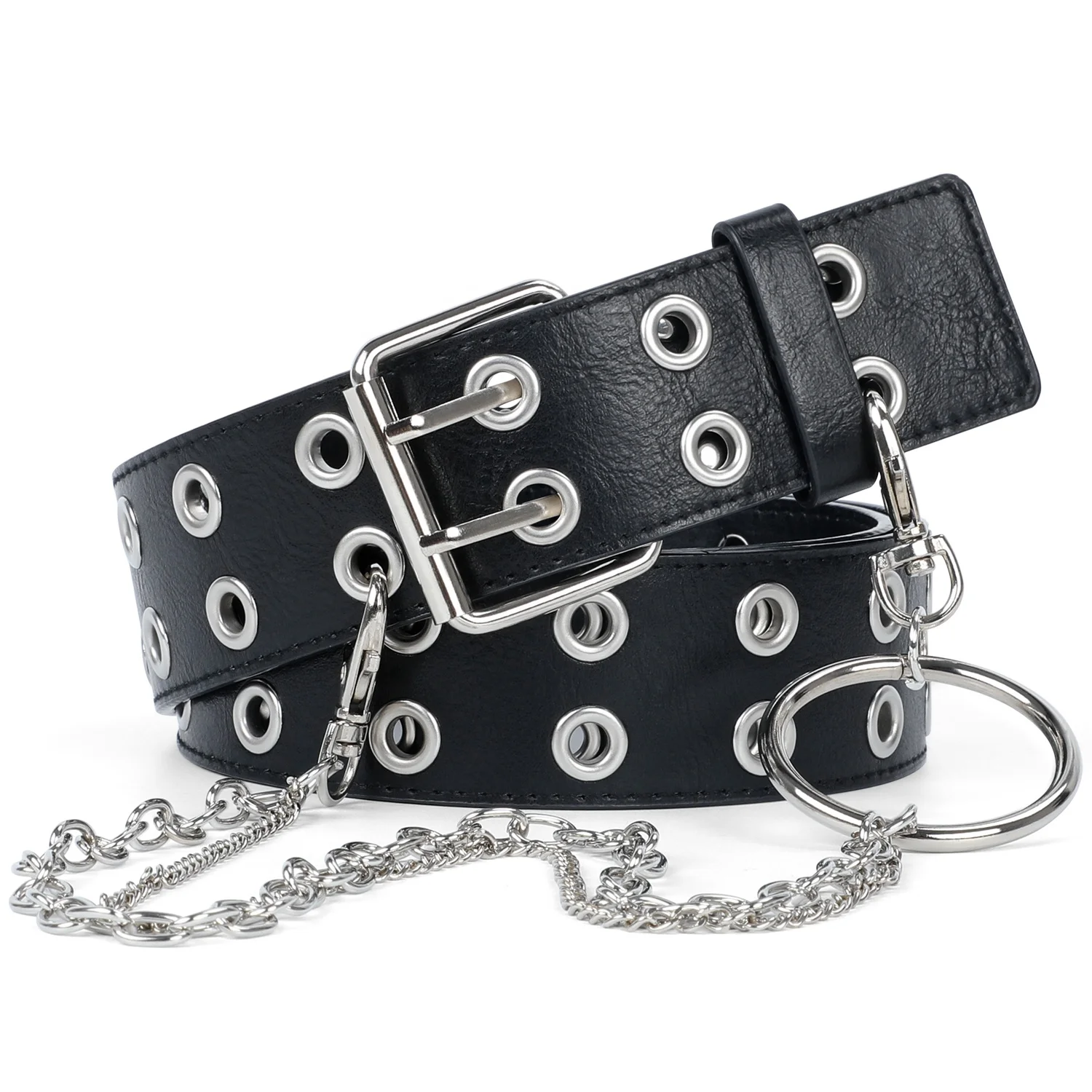 

Hip-hop Double Grommet Belt Aesthetic Pu Leather Punk Black Waist Belt With Double Eyelets Holes