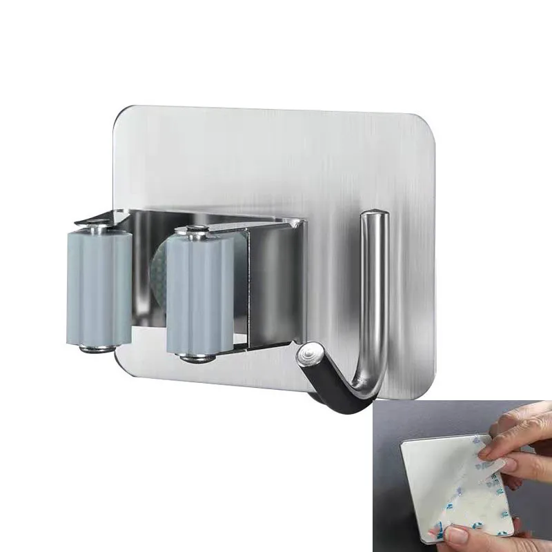 

Adhesive Broom Hanger Holder Stainless Steel Bathroom Mop Clamp with Hook
