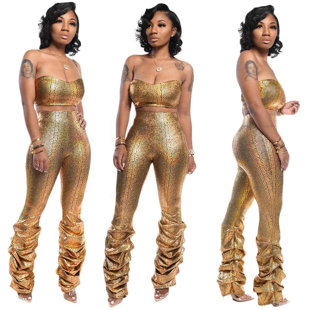 

B51519A Latest design women fashion snake skin sexy two-piece pants set, Gold