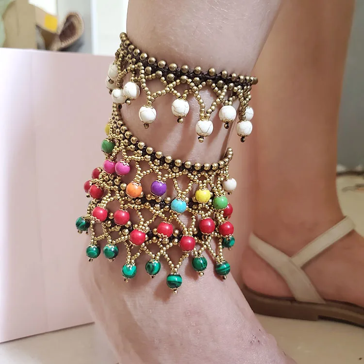 

AS1003 High Quality Non Tarnish Brass Beaded Turquoise Stone Ball Charm Ankle Bracelet Anklets for Ladies Women