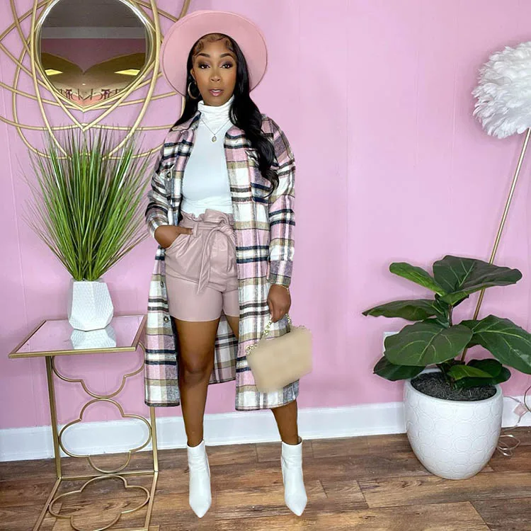 

Leisure Clothing Woolen Long Long Turned Down Button Coat Woman Winter Plaid Jackets Women, Green,red,pink