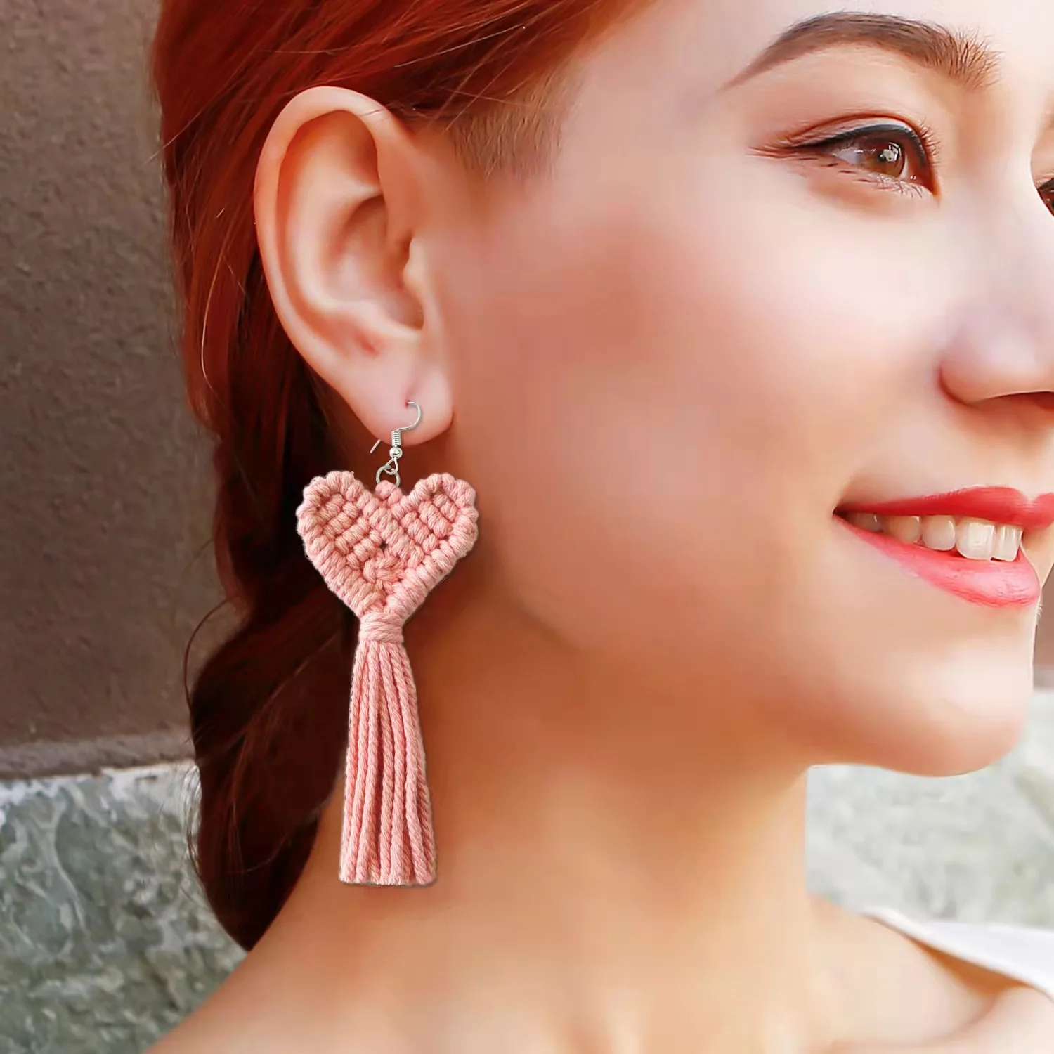 

Bohemian new trendy handmade cotton yarn heart tassel drop earrings manufacturer wholesale, Picture