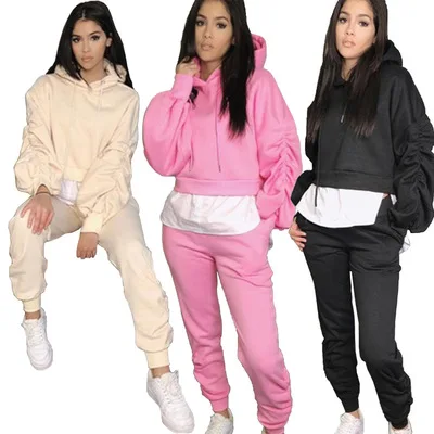 

2021 New Fall Solid Stacked Sleeve Hoodie 2 Piece Set Stacked Sweatpants Set Women Jogging Sweat suit