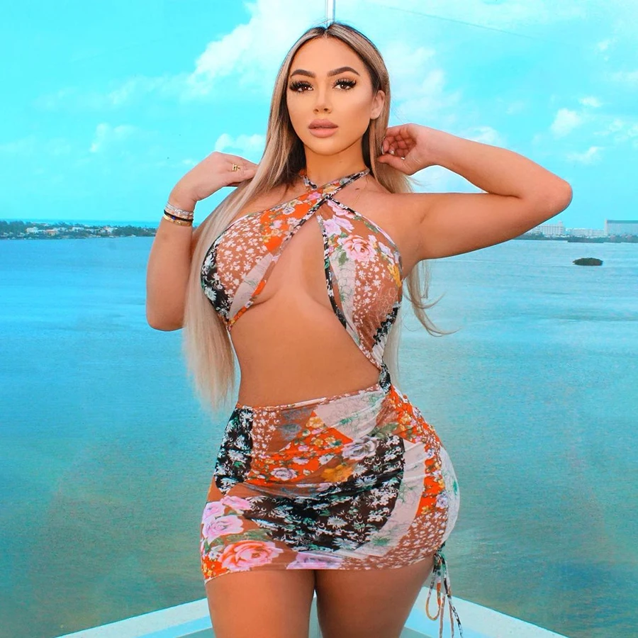 

Kliou K21D01448 Aesthetic Print Halter Mini Dress Women Summer Sexy Backless Hot Skirt Chest Wrapping Shirring Beachwear