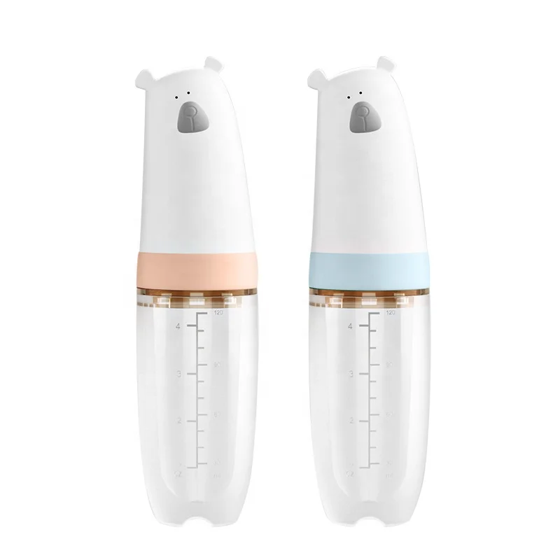 

Eco-friendly Polar Bear Shape Food Grade Infant Squeeze Dispensing Baby Bottle Spoon 120ml Feeding Bottle With Spoon