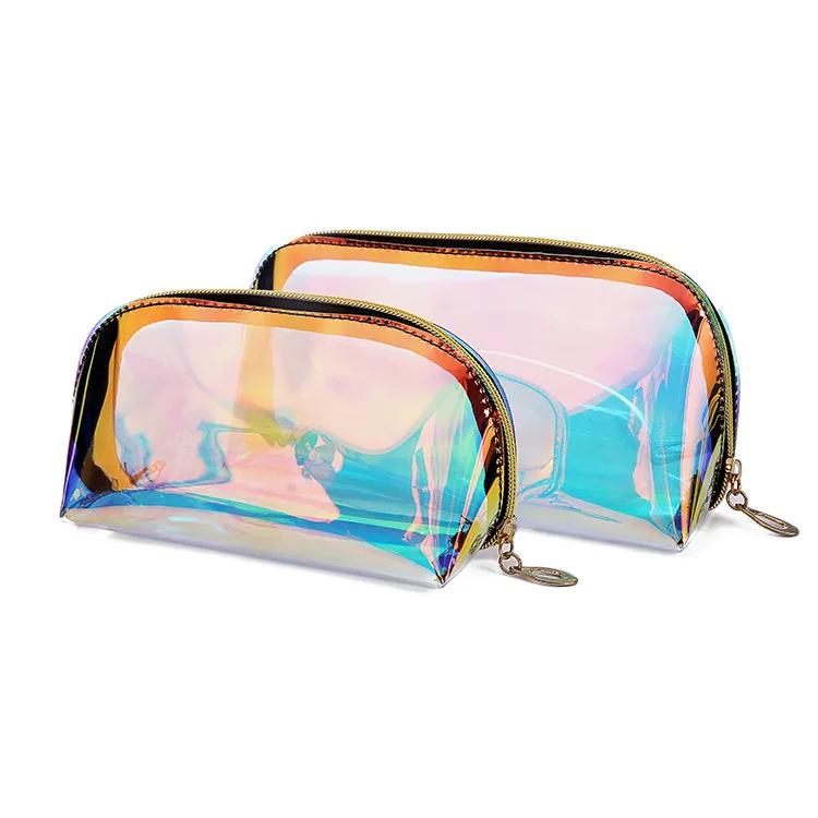 

travel clear zipper laser rainbow organiser PVC transparent waterproof hologram gold small makeup cosmetic bags or pouches, Golden