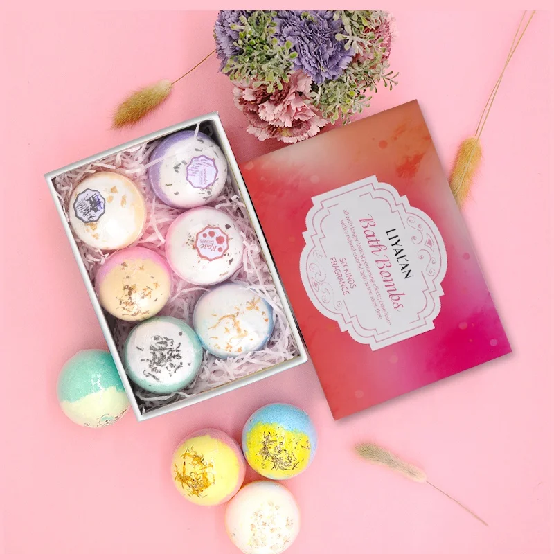

Dropshipping Private label Natural Organic Essential Oil Floral Bubble Bath Bombs Gift Set With Boxes, Each ball has 2 colors