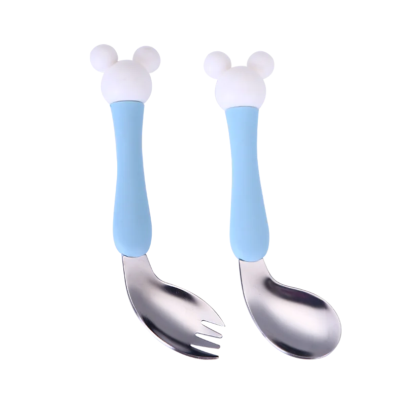 

Toddler Self Feeding Learning Spoon and Fork Baby Training Spoons and Forks 2 Pack with Travel Case Baby Cutlery, Pink/blue