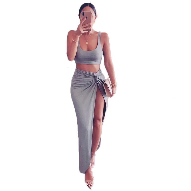 

Long Twisted Side Asymmetrical Skirt Splitters And Cropped Tank Top, Tie dye