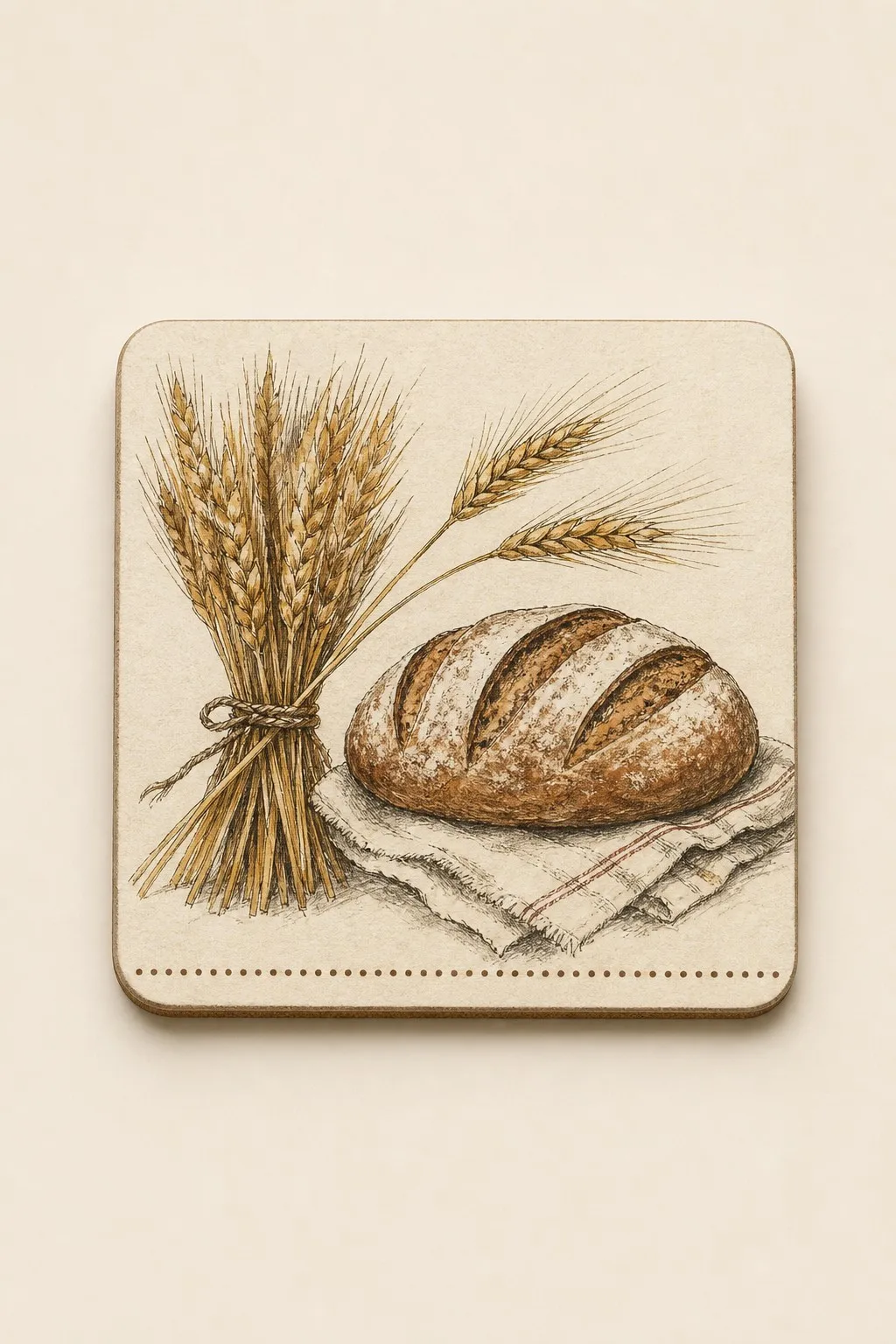 Artisan Bakery Coaster with Wheat Sheaf and Sourdough Loaf