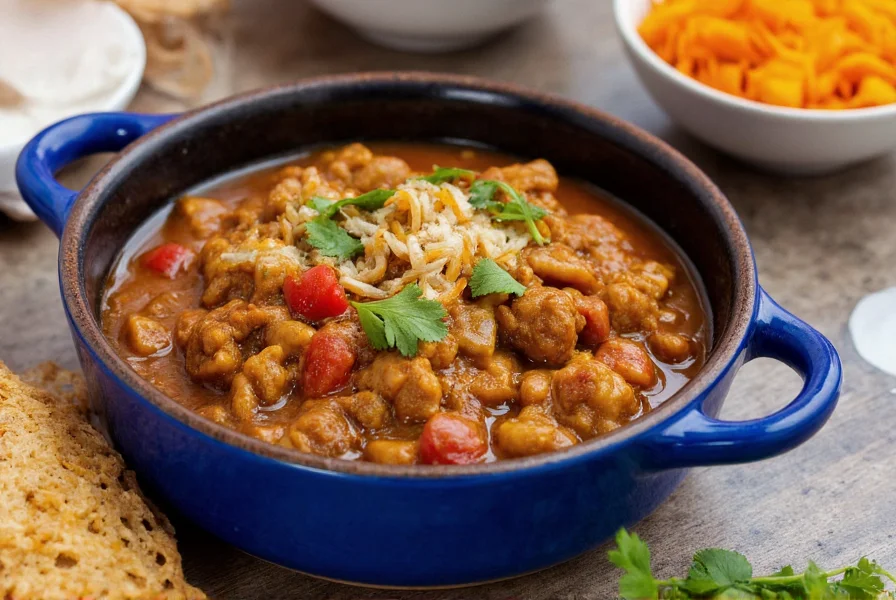 Traditional Mexican presentation of chili verde with side accompaniments on blue ceramic dish