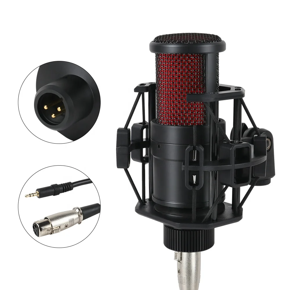 

China wholesale medium diaphragm microphone high sensitive cable wire shock mount metal microphone set, Black