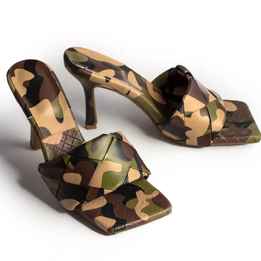 

Square toe camouflage woven faux leather mules slipper shoes fashion lady sandals
