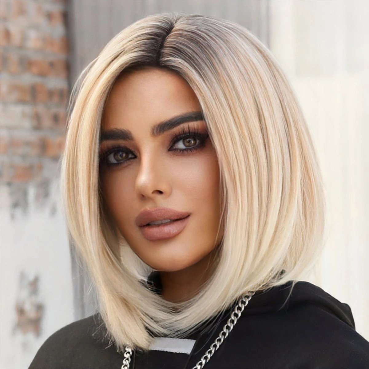 

Side Parted Bangs Wig Synthetic Hair Bob Blonde Wigs for Women Ombre Blonde Bob Shoulder Length Straight Lace Wig Side Parting