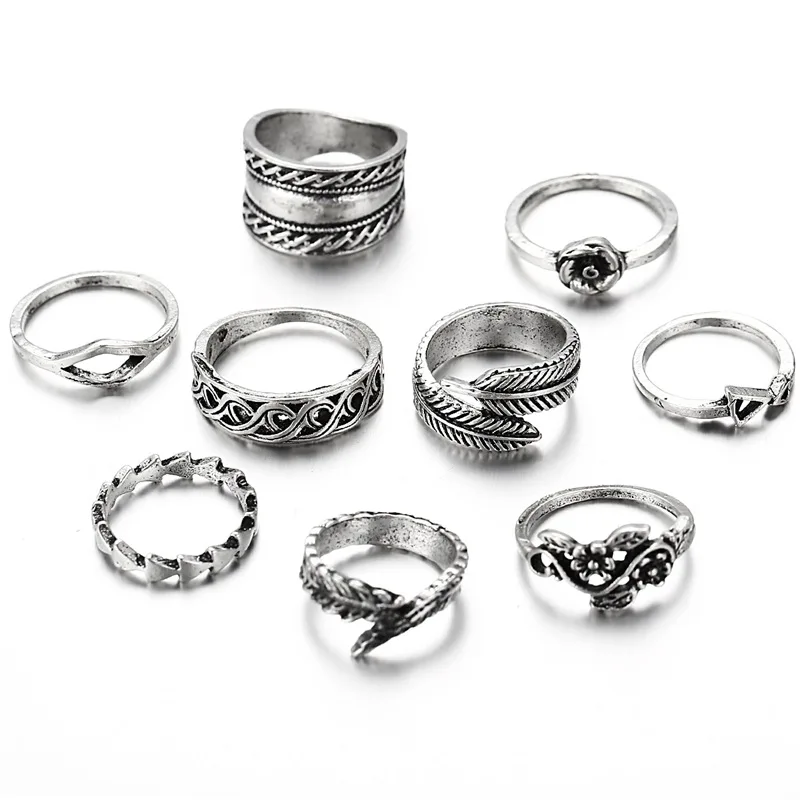 

New joint ring retro flowers, leaves and feathers 9 ring set mood ring, As pic