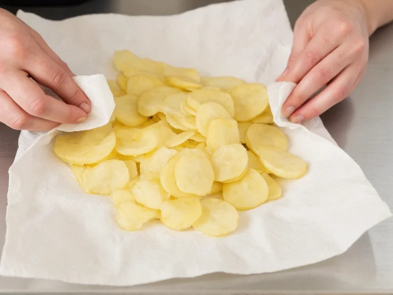 Drying potato slices with paper towels on counter
