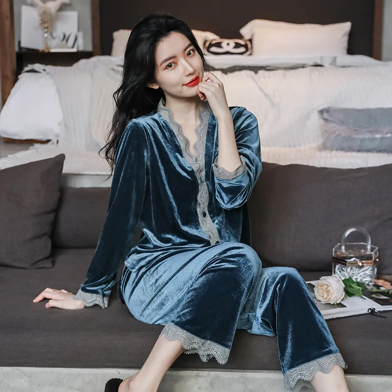 

Winter Gold Velvet Women Pajamas Sets Casual Lapel Collar Long Sleeve Women's Sleepwear Loungewear Solid Warm Pyjama, Customized color