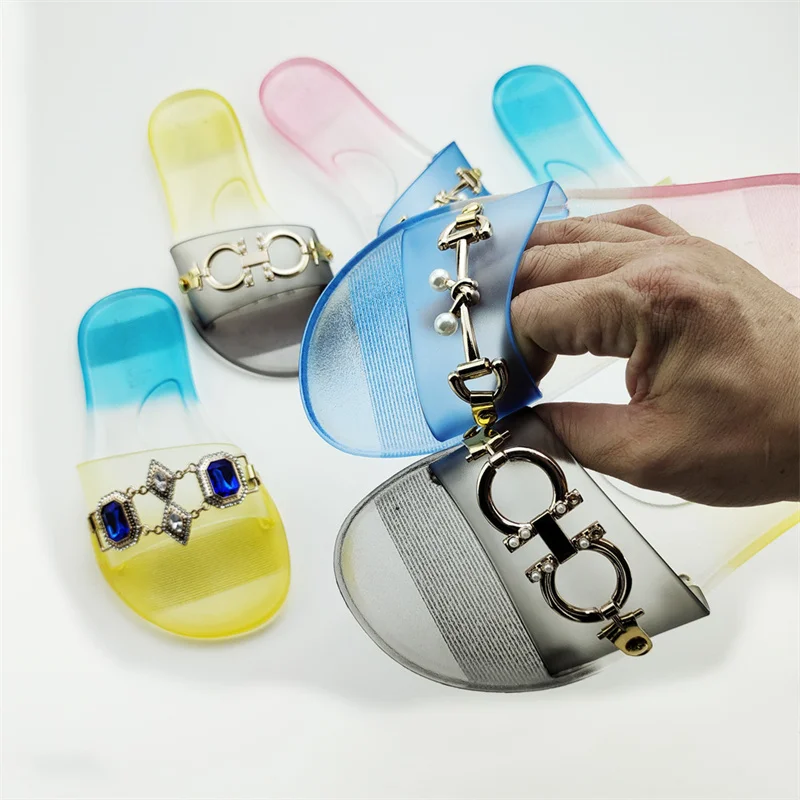 

2021 new summer chain indoor and outdoor slippers crystal plastic transparent house slippers flat bottom for women, Colorful yellow // colorful blue // colorful black